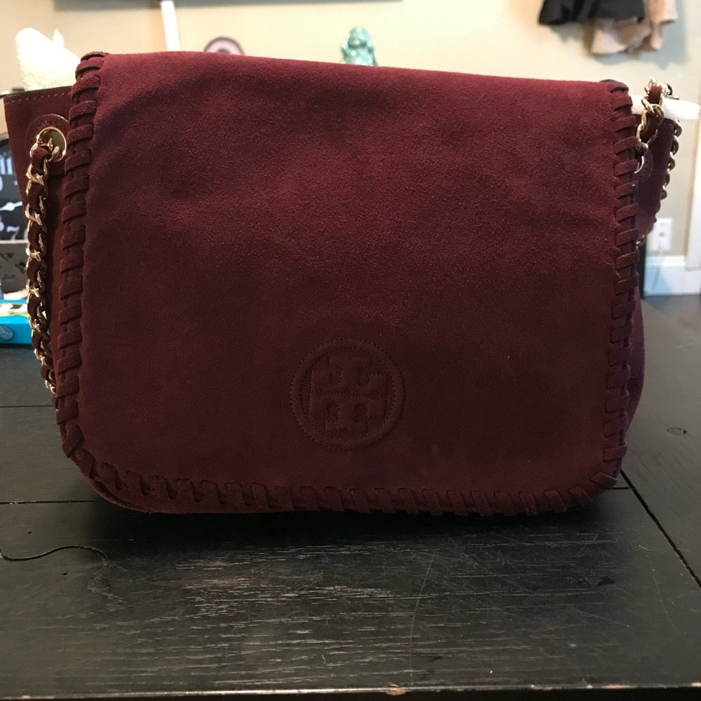 Tory Burch Maroon Marion Suede Shoulder Bag